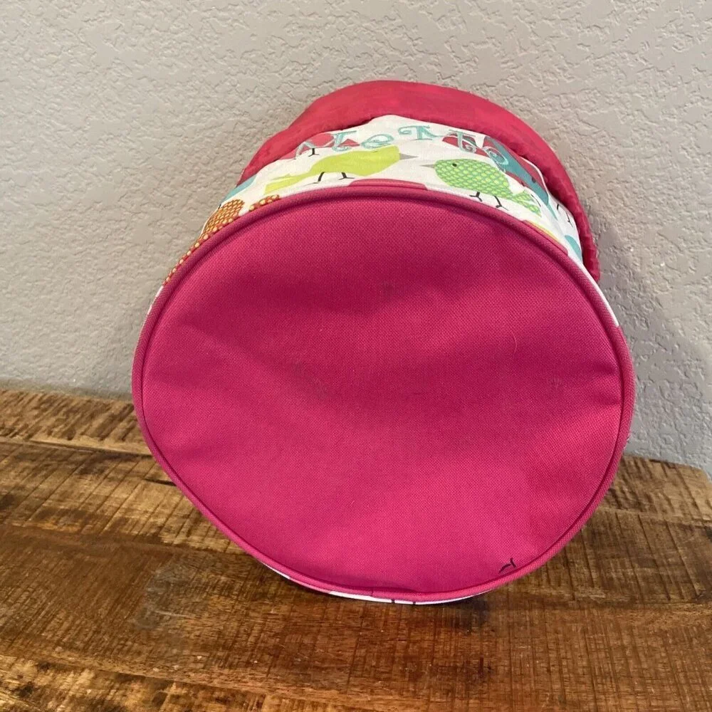 Thirty one bag cinch top round Storage Bin Pink Chickadees Birds Embroidery MeMe